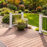 Composite deck and pergola in landscaped Calgary backyard